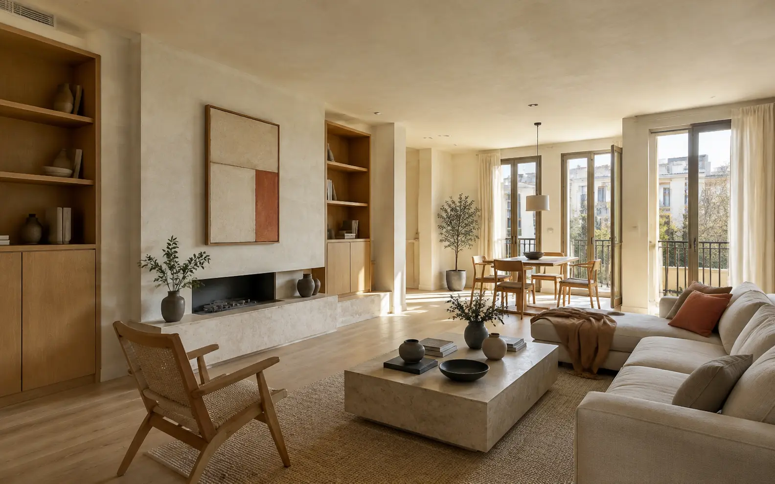 Interior contemporáneo con luz natural, madera y tonos cálidos